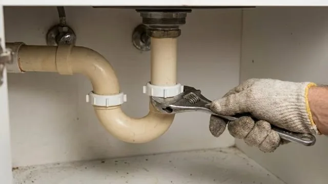 Gloved hand turning a wrench on the slip nut of a white P-trap under a sink