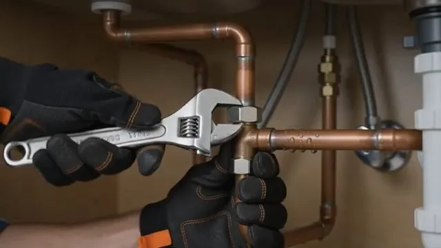 Gloved hands holding an adjustable wrench on a copper supply line under a sink