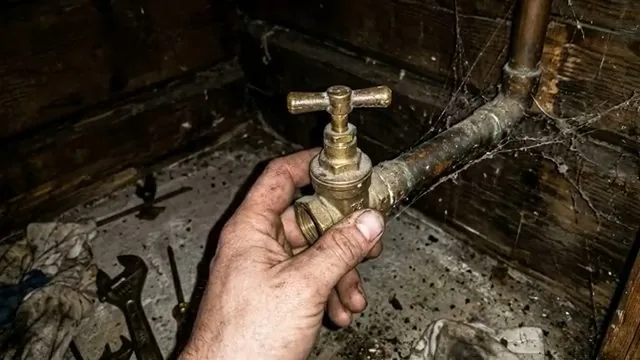 Hand holding an old brass shutoff valve with a cross handle in a cobwebbed corner