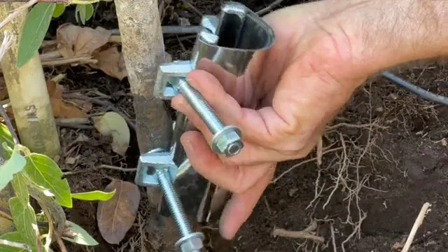 Hand holding a metal repair clamp with bolts above soil and roots