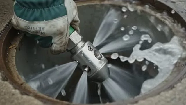 Gloved hand holding a jetting nozzle that sprays water inside a drain pit