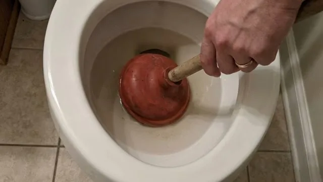 Hand pressing a red plunger down into a toilet bowl