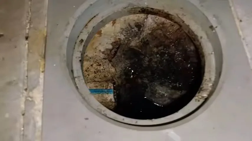 Round cleanout opening with a metal ring set in a concrete surface and dark water below