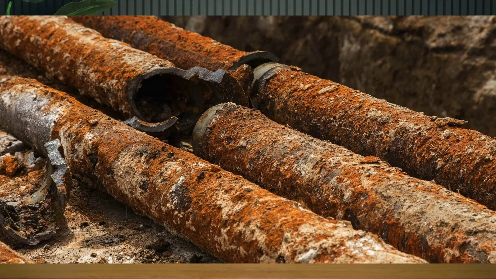 Two rust-covered cast iron pipes lying side by side in an excavated trench