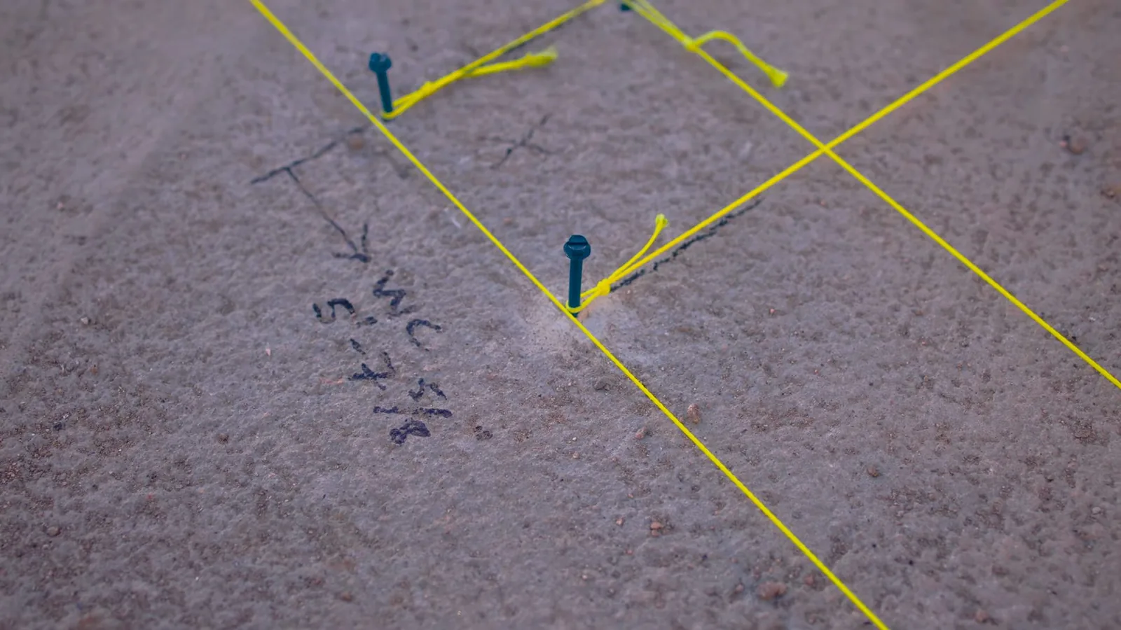 Concrete slab marked with yellow string and pins laid out in a pattern