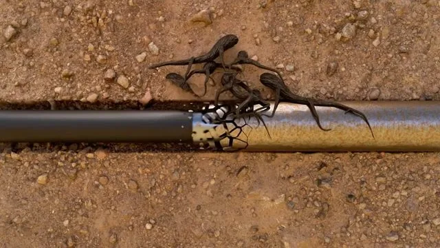 Tree roots growing out through holes in a section of black pipe lying on gravel